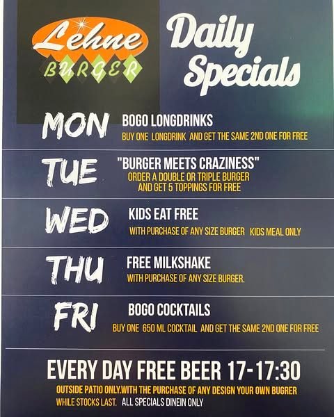 Die Daily-Specials-Tafel im Restaurant mit den Angeboten von Montag bis Freitag.